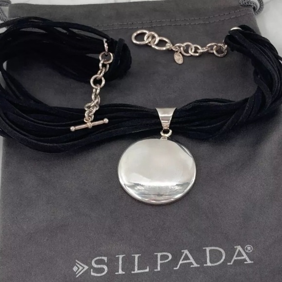 Silpada Village Black Suede Multi Strand Sterling Silver Disc Pendant Necklace - Picture 2 of 12